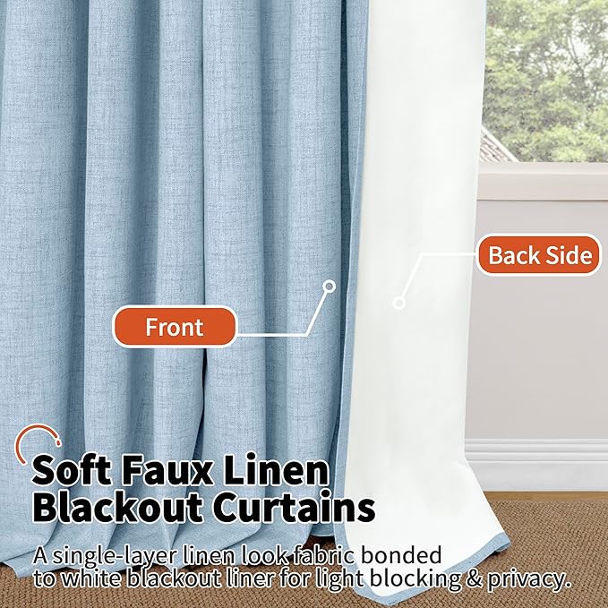 Baby Blue Linen Blackout Curtains for Nursery 63 Inch Length 2 Panels Set, Thermal Insulated Boho Total Black Out Noise Reducing Bonzer Grommets Window Curtains for Kids Bedroom, Each 60 Inch Wide