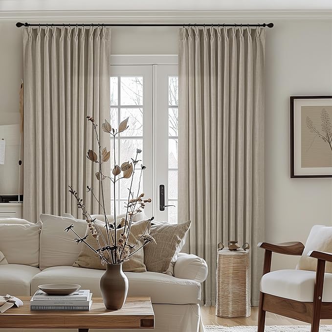 Extra Wide Taupe Linen Curtain 96 Inches Long 70 Inch Wide for Living Dining Room Pinch Pleated Drapes for Patio Sliding Glass Door Hooks Rings Sheer Privacy Curtain 72x96 1 Panel Burlywood Birch