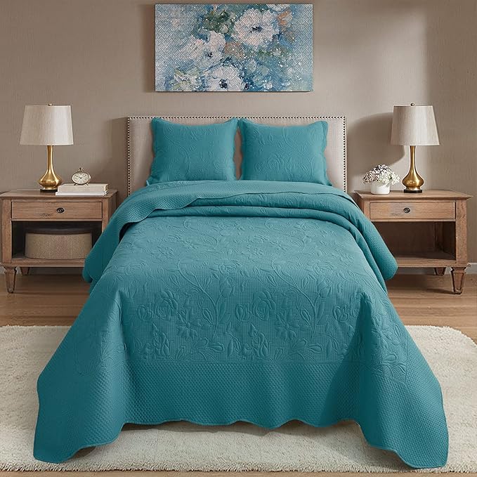 CHIXIN Bedspread Coverlet Quilt Set Full Size - Lightweight Bedding Cover - Ultrasonic Quilting - 5 Piece Reversible Bedspread - Vintage Rose Pattern (Full, Lagoon)