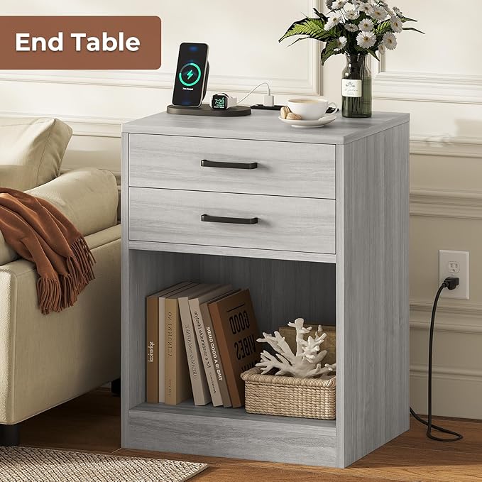ADORNEVE Nightstands Set of 2,Grey Nightstand with Charging Station & Drawers,Night Stands for Bedrooms Set of 2