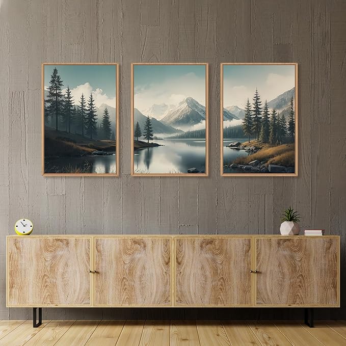 LHIUEM Large Mountain Misty Forest Framed Canvas Wall Art,Nature Ridge Foggy Wall Decor,Snow Lake Woodland Wall Painting,Pine Tree Artwork for Living Room,Bedroom,Dining Room,Office -16"x24"x3