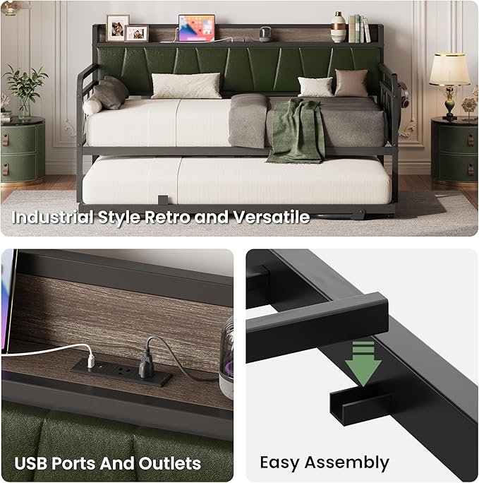LIKIMIO Daybed with Trundle Bed, Twin XL Bed Frame with Storage Headboard and Charging Station, Sofa Day Bed with Strong Supports for Living Room, Bedroom, and Guest Room, Green