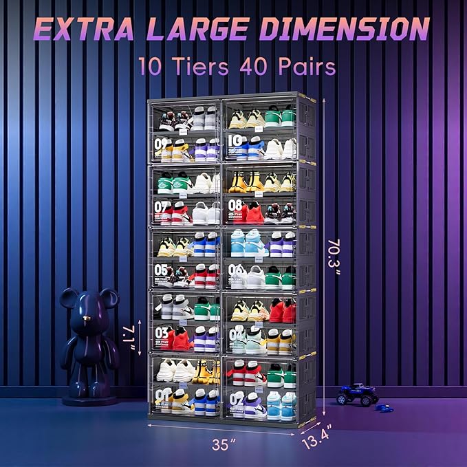 JEKO&JEKO 10-Tier Double-Column Foldable Shoe Storage Cabinet with Magnetic Doors, Large Collapsible Shoe Rack Organizer for Entryway, Fits Up to 40 Pairs, Black