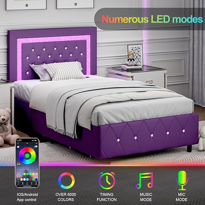 Twin Bed Frames with Storage Drawers and LED Lights, Upholstered Bed with Crystal Tufted Headboard, Princess Platform Bed with Wooden Slats Support, No Box Spring Needed, Purple