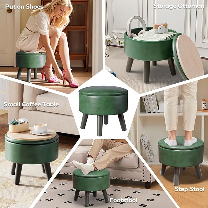 FIMIVIBI Small Foot Stool Ottoman with Storage, Faux Leather Ottoman Foot Rest for Couch, Round Footstool Ottomans for Living Room (Green)