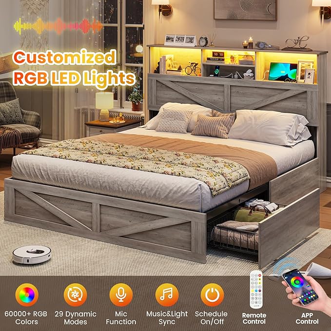 VIAGDO Farmhouse Bed Frame Full Size with Bookcase Storage Headboard, Charging Station and LED Lights, Wooden Full Bed Frame with 4 Drawers, Barn Door Design, No Box Spring Needed, No Noise, Grey