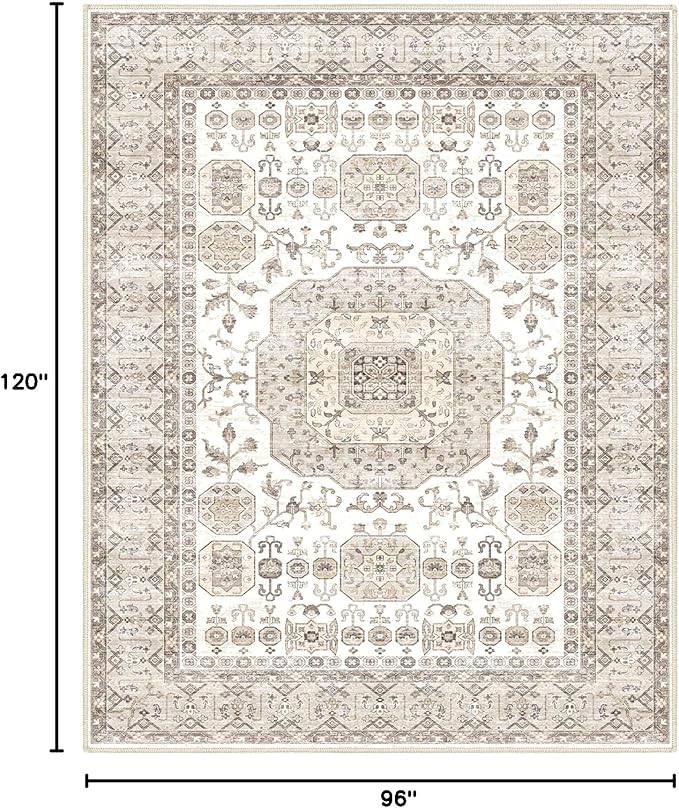 8x10 Area Rug Washable Living Room Carpet Bedroom Rug, Retro Accent Throw Distressed Rug, Easy Cleaning (Cream Beige)