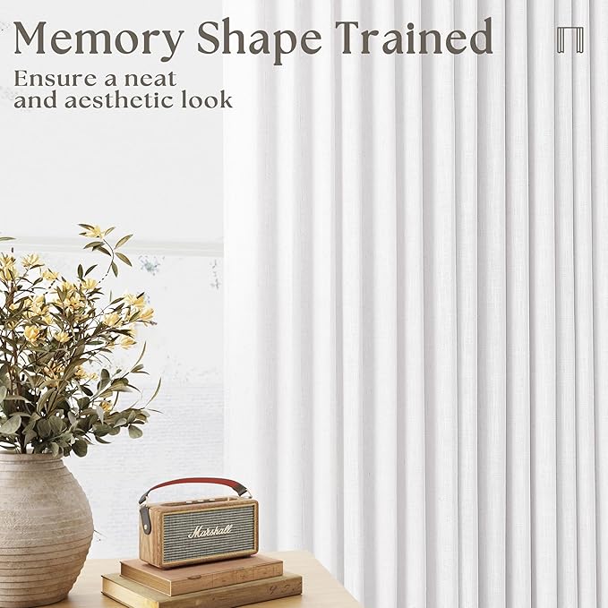 Snow White Pinch Pleated Linen Curtains 2 Panels for Living Room Bedroom Memory Training Shaped Semi Sheer Pleat Drapes with Hooks Rings Light Filtering Window Curtain 40x54