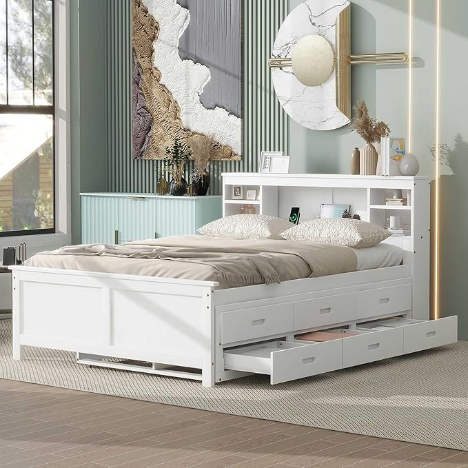Platform Bed with Storage Headboard, USB, Twin Size Trundle and 3 Drawers, Full Size, White Color