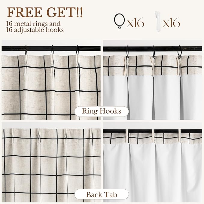 Plaid Pinch Pleated Curtains - Modern Luxury Linen Buffalo Blackout Drapes, Thermal Insulated Double Layer Window Panels for Living Room Bedroom, 120 Inches Long Black 2 Panels Set