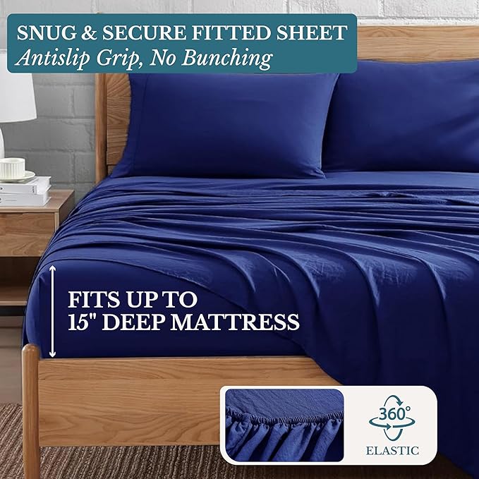 Casa Platino King Size Sheet Set – 4 Piece Bedding Set, Pre-Washed Ultra Soft Brushed Microfiber, Cozy Fit, Deep Pocket 15” Sheet, Fade Resistant, Lightweight, Breathable Fabric - Navy Blue
