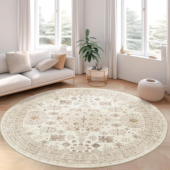 zesthome Washable Round Area Rugs - Non-Slip 6ft Round Rugs, Ultra-Thin Large Circle Rugs for Living Room, Soft Low Pile Rug for Bedroom, Kitchen, Nursery - Vintage Round Rug(Cream/Beige,6'x6')