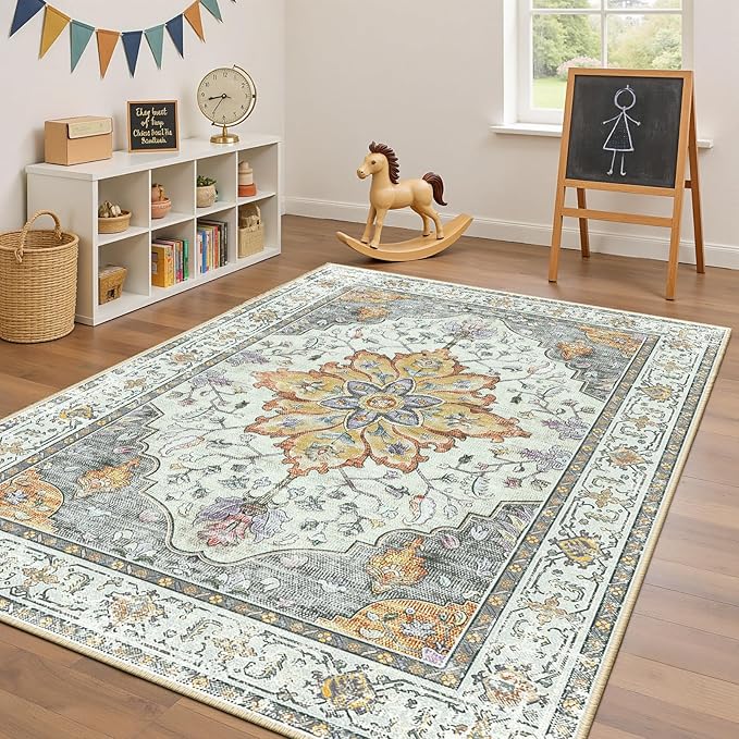 Area Rugs 5'x7' Washable Non-Slip, Floral Vintage Distress Print Pattern Medallion Carpet for Living Room Bedroom Dining Room, Light Yellow Carbon Grey Orange
