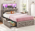 VIAGDO Farmhouse Bed Frame Twin Size with Bookcase Storage Headboard, Charging Station and LED Lights, Wooden Twin Bed Frames with 4 Drawers, Barn Door Design, No Box Spring Needed, No Noise, Grey