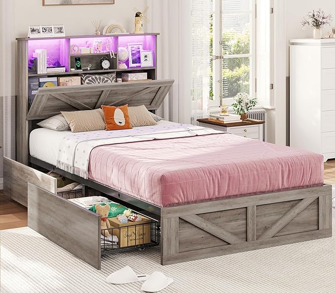 VIAGDO Farmhouse Bed Frame Twin Size with Bookcase Storage Headboard, Charging Station and LED Lights, Wooden Twin Bed Frames with 4 Drawers, Barn Door Design, No Box Spring Needed, No Noise, Grey