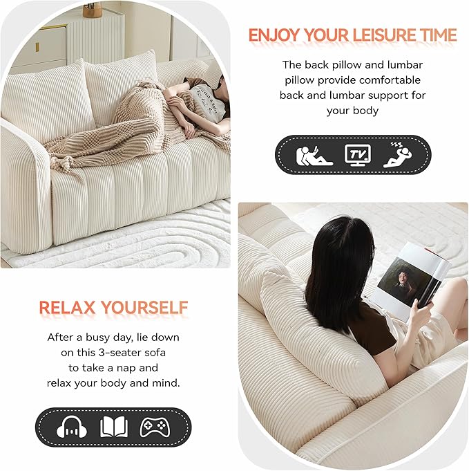 83'' Boneless Corduroy Sofa, Oversized 3 Seater Deep Seat Couch with Rounded Armrest, Modern Upholstered Cloud Sofa for Living Room, No Assembly, White