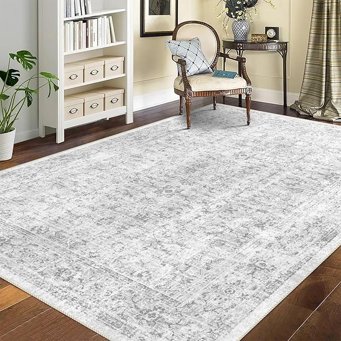 3x5 Rug, Small Area Rug for Living Room, Bedroom, Kitchen, Machine Washable Non-Slip Throw Rug, Vintage Distressed Floral Carpet for Entryway Nursery Dinner Room - Durable (Grey)