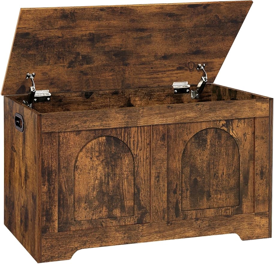 DINZI LVJ Storage Chest, 31.5”Wooden Toy Box with 2 Safety Hinges, Entryway Storage Bench with Flip-Top, Sturdy Storage Trunk for Living Room, Bedroom, Easy Assembly, Rustic Brown