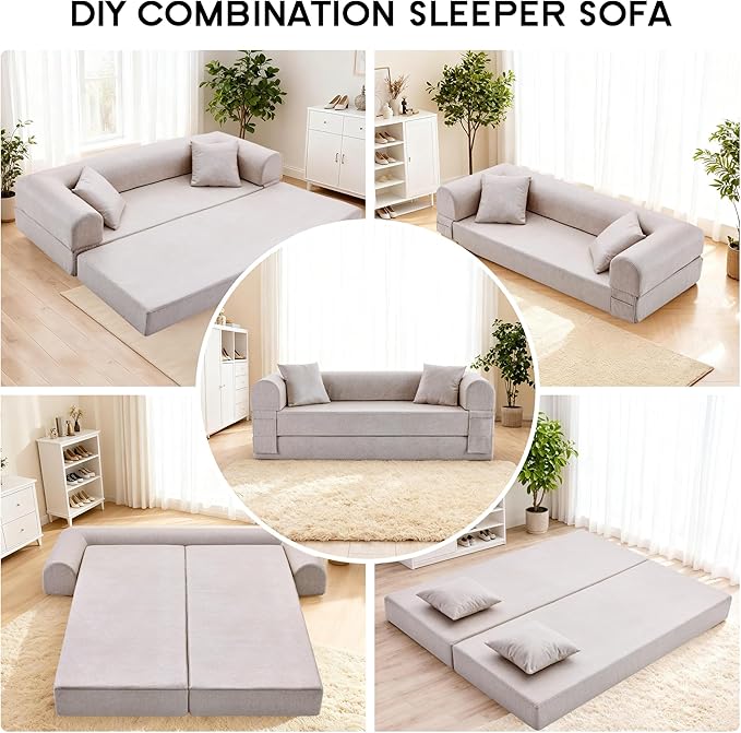 78.5" Convertible Sleeper Sofa Bed, Faux Leather Folding Floor Sofa with Pullout Bed&2 Pillows, No Assembly Modern Boneless Couch Compression Sofa in Box with Storage Pocket for Living Room, Beige