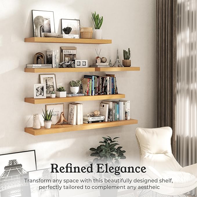 Floating Shelves for Wall, 9.3" Deep Wall Mounted Wood Shelves for Bathroom, Bedroom, Living Room, Kitchen, Hanging Shelf for Books/Storage/Room Decor (Oak, 40")