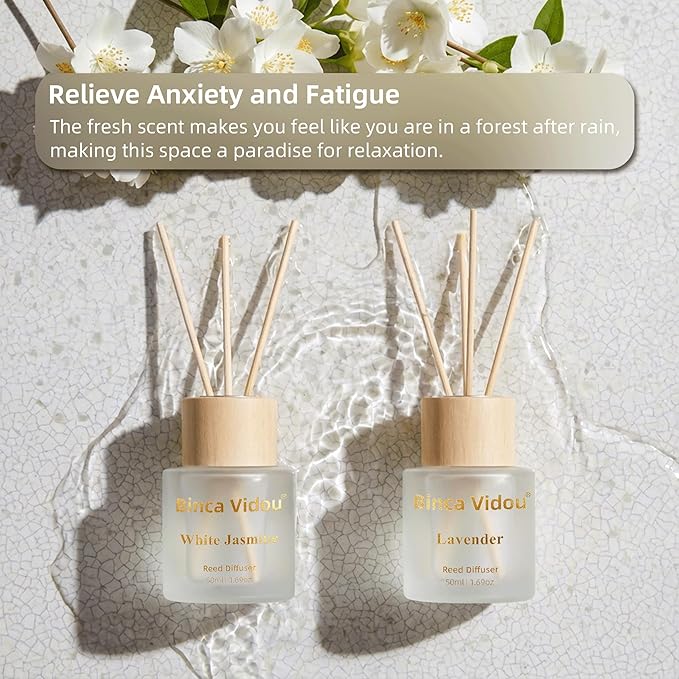 Reed Diffuser Set, Binca Vidou Lavender & White Jasmine Natural Scent Oil Diffusers with Sticks for Home Office Bathroom Aromatherapy Decor 1.69oz x 2
