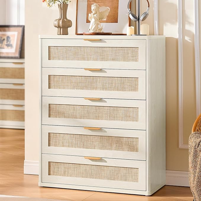 LEYAOYAO Rattan Dresser for Bedroom Set 2, 41" Tall Chest of Drawers, Modern 5 Drawers Boho Dressers with Storage, Light Oak Dresser Wooden Closet Organizer for Living Room, Hallway, Natural Wood