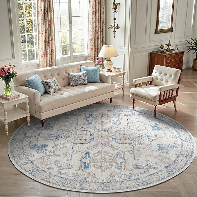 jinchan Round Rug 8ft Area Rug Vintage Floor Mat Kitchen Indoor Ultra-Thin Soft Floral Print Washable Circle 8' Accent for Farmhouse Non Slip Dining Room Living Room Bedroom Office Blue