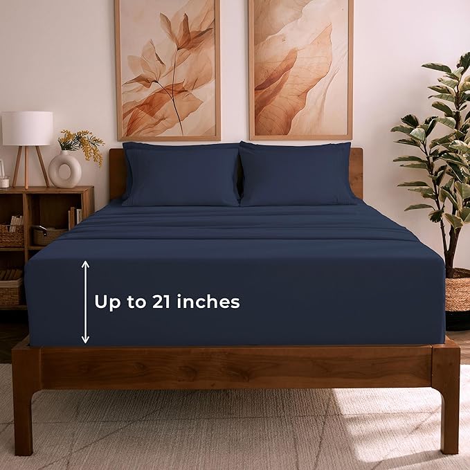 Mellanni California King Sheet Set - 6-Piece Iconic Collection Bedding, (Including 4 Pillowcases), 21-Inch Extra Deep Pocket, Easy Care, Ultra Soft, Cooling Sheets, Brushed Microfiber - Navy Blue