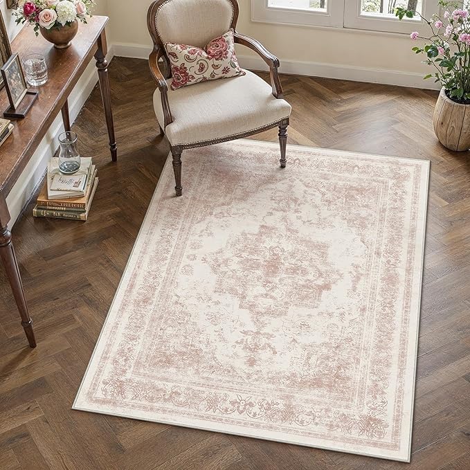Area Rug 3x5 Washable Pink Rug Vintage Boho Medallion Entryway Door Mat Entrance Distressed Retro Carpet Non Slip Low Pile Small Soft for Office Kitchen Bedroom Laundry Bathroom Hallway