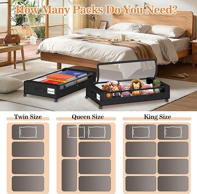 2 Pack Under Bed Storage with 4 Dividers, Large Under Bed Storage Containers with Wheels for Clothes, Shoes, XXL Rolling Underbed Storage Organizer Bins with Clear Lids and Handles