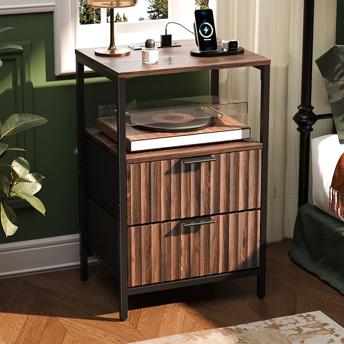VINGLI Walnut Nightstand with Charging Station, Nightstand Fluted with Drawers Fabric, Bedside Table/End Table with Charger Station, Side Table Bedroom, Small Night Stand Dark Walnut