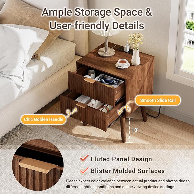 Fluted Nightstand, Night Stand Set 2, Nightstands Set of 2 with Beveled Edges & Solid Wood Legs, 2 Drawer Wooden End Table with Charging Station, Modern Bedside Table for Bedroom, Walnut