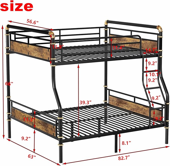 Upgraded Version Thicken Metal Heavy-Duty Full XL Over Queen Bunk Bed, Best Industrial Style Stronger Full Over Queen Size Bunk Bed with Ladder for Adults, Easy Assembly (Full XL Over Queen)