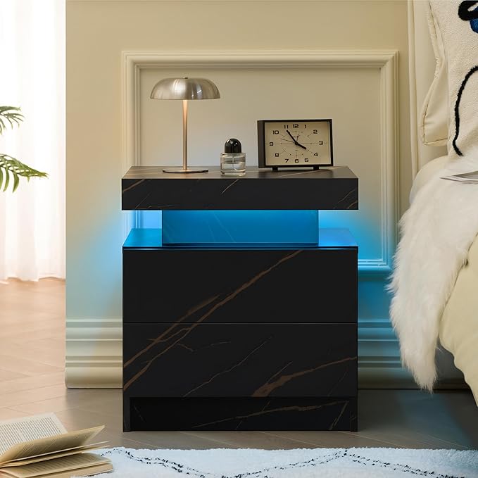LED Bedside Table with 2 Drawers, Modern Nightstand Cabinet for Bedroom, End Side Table with Lights
