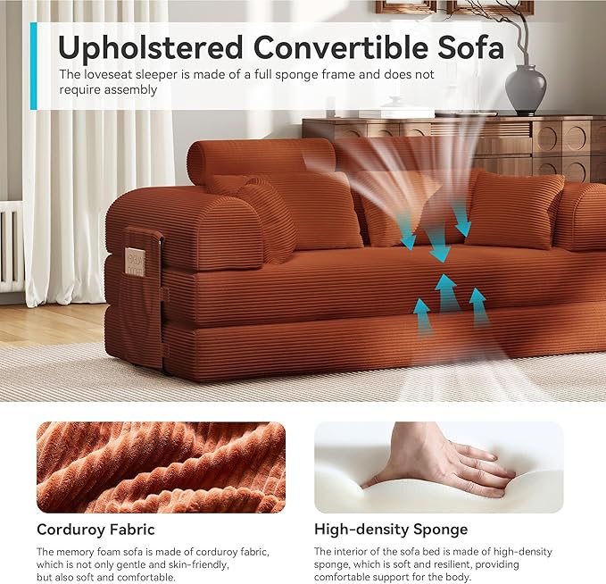 Upgrade High Backrest Design Sofa Bed with Fixed-Shape Frame & Removable Armrests and Backrest, Corduroy Fabric, Convertible Mattress Couch for Small Spaces - No Assembly Needed (High Backrest Orange)