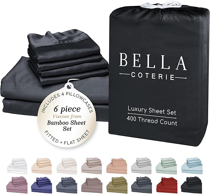 Bella Coterie 6 Piece Luxury Bamboo Viscose California King Size Sheet Set | 100% Organically Grown | Cooling for Hot Sleepers | 18" Deep Pocket | Soft & Hypoallergenic | 4 Pillowcases [Black]