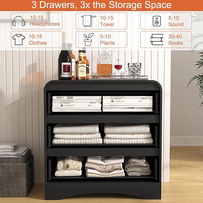 3 Piece Bedroom Set, Dresser and Nightstand Sets for Bedroom, Wood 3 Drawer Dresser & Night Stand Set of 2, Wide Chest of Drawers Modern Storage Cabinet Bedroom Furniture Set, Black