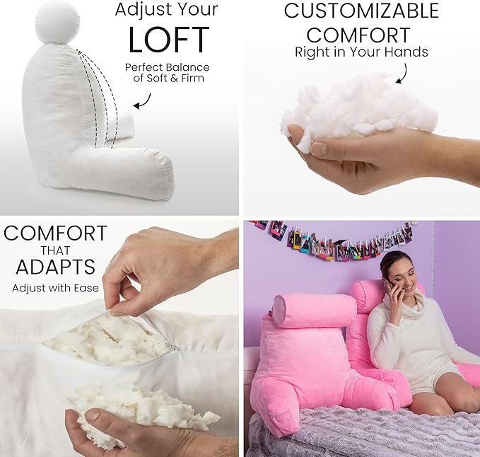 Husband Pillow Medium Pink, Backrest for Kids, Teens, Petite Adults - Reading Pillows with Arms, Adjustable Loft, Plush Memory Foam, Bed Rest Chair for Sitting Up, Detach Neck Roll, Removable Cover