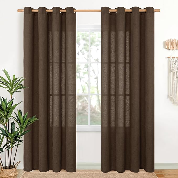 YoungsTex Brown Linen Curtains 80 Inch Length for Living Room, Chocolate Light Filtering Drapes Semi Sheer with Bronze Grommet Privacy for Bedroom Farmhouse Decorative, 52 x 80 Inch, 2 Panels