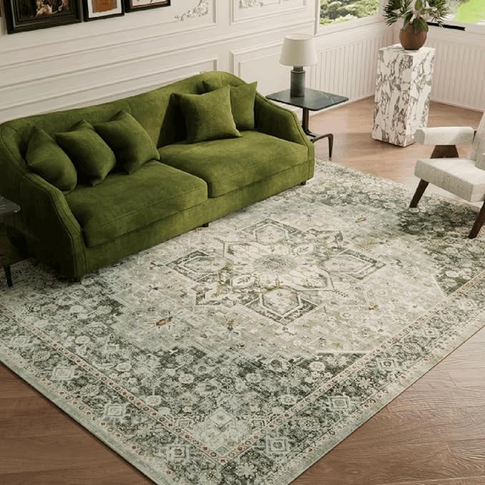 6×9 Machine Washable Rug for Living Room, Boho Vintage 6×9 Area Rug，Distressed Accent Low Pile Ultra Soft Large Carpet for Bedroom Bathroom Dining Room, Floral/Green