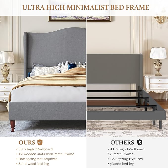 koorlian Queen Bed Frame Upholstered Platform Bed with 51" Tall Headboard Wingback, Soft Fabric, Retro Simple Style No Box Spring Needed, Easy Assembly, Grey