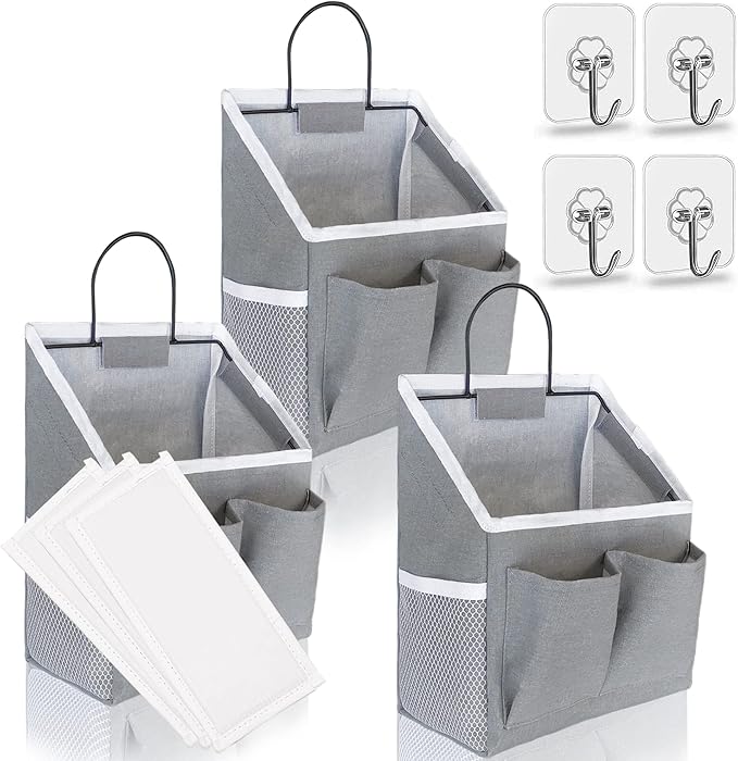 Kanrichu 3pcs Small Wall Hanging Organizer Bag, Linen Fabric Door Hanging Storage Basket with Pockets, Waterproof Bin for Kitchen, Bedroom, Office, RV Camper (Gray)