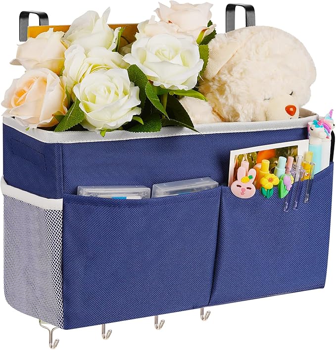 Bedside Storage Organizer 5 Pockets with 4 Hooks Hanging Storage Bag for Headboards/Bunk Bed (Dark Blue)