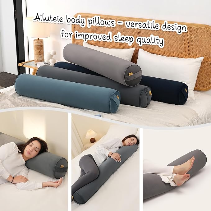 Bolster Pillow for Bed – Long Round Body Pillow for Adults, Cuddle Pillow for Sleeping, Full-Length Support,47.24 x 7.87 Inches,Charcoal Gray