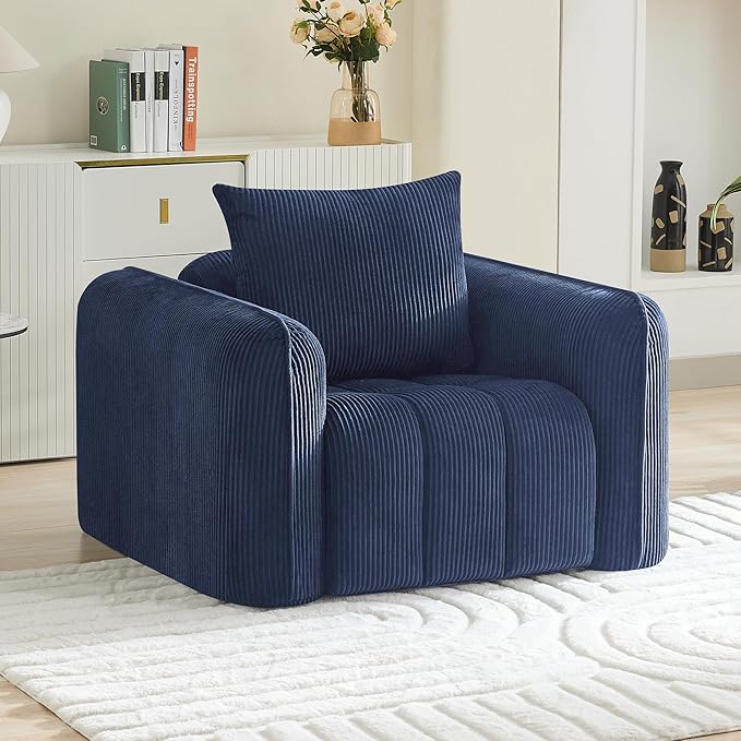Oversized Boneless Corduroy Accent Chair, Comfy Deep Seat Armchair for Bedroom, Modern Upholstered Living Room Sofa Chair with Pillow, No Assembly, Navy