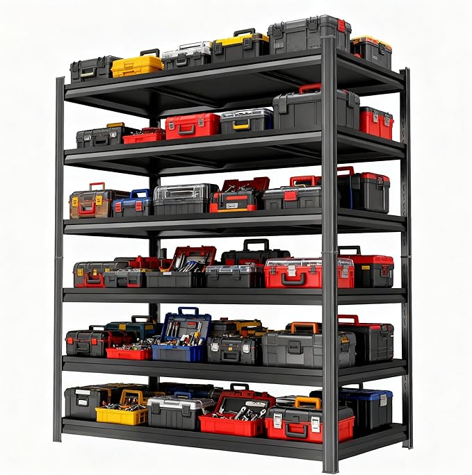 Storage Shelves, Garage Metal Shelving Unit, Adjustable, Double-Layer Column with Reinforced Ribs, Heavy-Duty, Capable of Bearing 600-3600 lbs (Black, 47''W*24''D*77''H, 6-Tier)