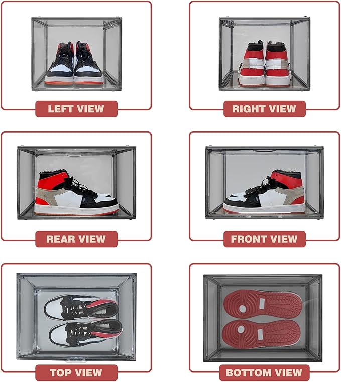 4 Pack Grey Large Shoe Storage Boxes Clear Plastic Stackable Shoe Display Case with Magnetic Door, Easy Assembly Fit up to US Size 13