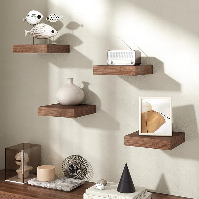 Axeman Square Floating Shelves for Wall, 8" W x 8" D x 1.4" H Rustic Wooden Wall Shelves, 4 Pack Wall Mounted Floating Shelf with Invisible Brackets for Living Room, Bathroom, Kitchen, Walnut Color