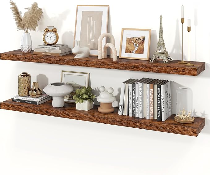 Floating Shelves for Wall, 9.3" Deep Wall Mounted Wood Shelves for Bathroom, Bedroom, Living Room, Kitchen, Hanging Shelf for Books/Storage/Room Decor (Brown, 55")