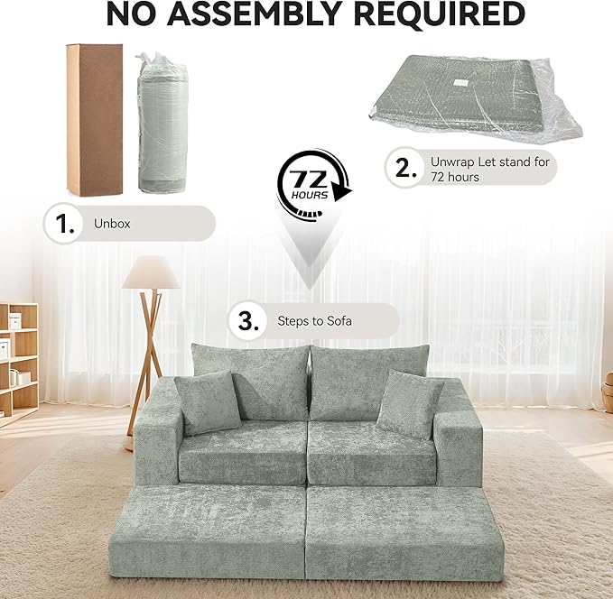 Boneless Sectional Loveseat Couch with Ottoman, Convertible Modular Floor Sleeper Sofa Bed, Comfy Foldable Compression Love Seat Sofa for Living Room, No Assembly, Green